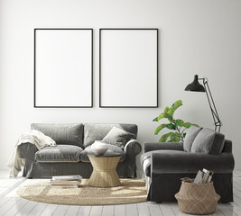 mock up poster frame in modern interior background, living room, Scandinavian style, 3D render, 3D illustration