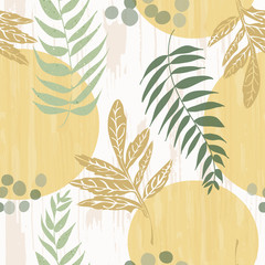 Seamless vector pattern- ferns,leaves on natural textured background made by the same artist. Muted colors of nature. Circular shapes. For beautiful packaging, textiles, stationery, journal covers