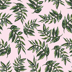 Naklejka na ściany i meble Seamless vector pattern of tropical green branches with leaves on a sophisticated pink background. Gives a Miami or Havana vibe. Great for textiles, stationery, home decor, journal covers & wallpaper.