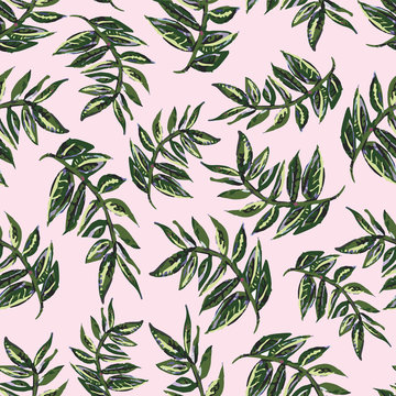 Seamless vector pattern of tropical green branches with leaves on a sophisticated pink background. Gives a Miami or Havana vibe. Great for textiles, stationery, home decor, journal covers & wallpaper.