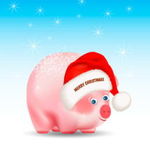 Cartoon cute pig a chinese new year symbol on blue background with stars or snowflakes. Santa Claus hat with greeting Merry Christmas.. Vector illustration