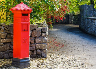 Fototapeta na wymiar bright red Irish mail box on village road lined with stone walls with hedge of red fuchsias in bloom 