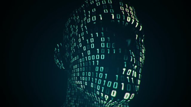 Abstract background with animation human head with surface from flickering binary digits of code. Animation of seamless loop. 
