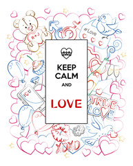 Colorful greeting card for Valentine's Day with funny cartoon characters. Creative outline design. Doodles style. Vector illustration.