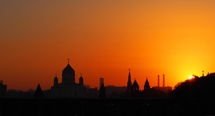 Panoramic autumn sunset over the Kremlin, capital of Russia. Moscow, Cathedral of Christ the Savior. City skyline, panorama