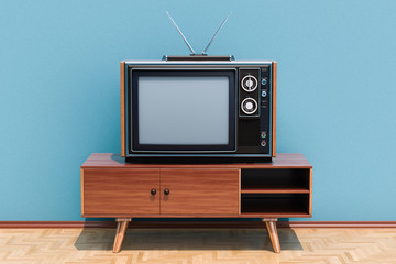 Retro TV set on the stand in room on the wooden floor, 3D rendering