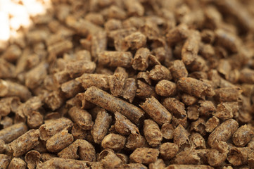 Fuel wood pellet close-up. A source of alternative clean energy. A lot of pellet. Natural fuel and energy of future.