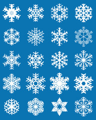 Set of different white snowflakes on a blue background