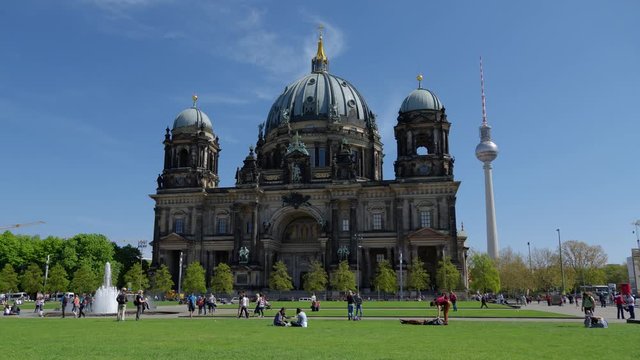 Berlin Cathedral (Berliner Dom) in Berlin, Germany. Time Lapse In Motion. Hyper Lapse. 4K