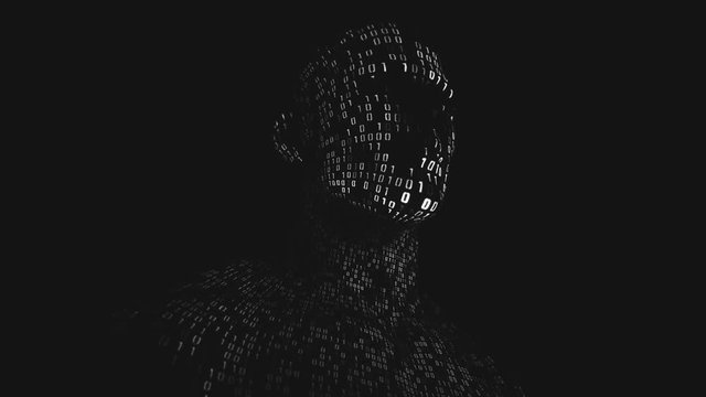 Abstract background with animation human head with surface from flickering binary digits of code. Animation of seamless loop. 