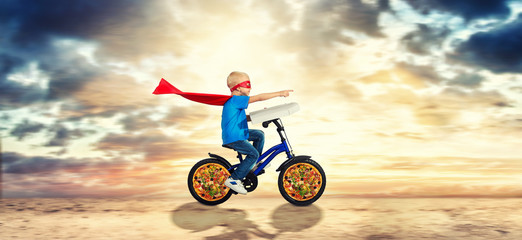 The superhero delivers pizza.Fast delivery.	