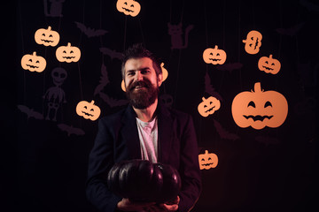 31 october. Halloween man with smile on dark background. Make up and scary concept for man....