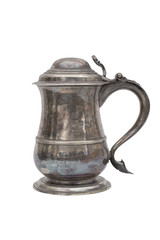 An old silver beer mug with a lid on a white background. Isolate...