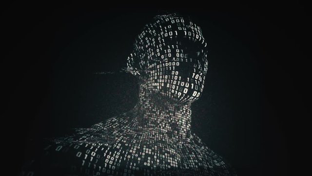 Abstract background with animation human head with surface from flickering binary digits of code. Animation of seamless loop. 