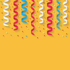 Colorful streamers and confetti with long shadow, background. De