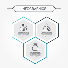 Modern vector illustration 3D. Infographic template with three hexagon elements. Designed for business, presentations, web design, diagrams with 3 steps for workflow layout, annual report