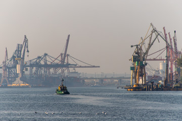 Port cranes in the port of Central Europe. Cranes for unloading goods and containers.