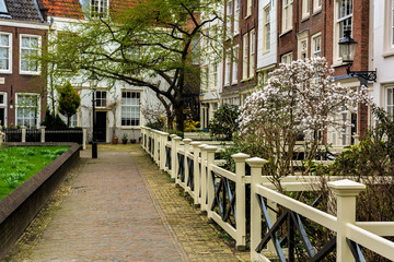 Fototapeta na wymiar AMSTERDAM, NETHERLANDS - APRIL 9, 2018: Begijnhof is one of the oldest inner courts in the city of Amsterdam. A group of historic buildings, mostly private dwellings, centre on it.