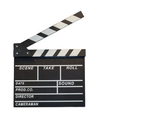 Obraz premium Movie clapper isolated on white background. Shown slate board. use the colors white and black.Realistic movie clapperboard. Clapper board isolated on white with clipping path included