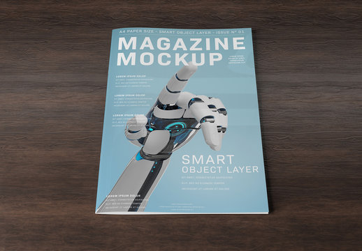 Magazine Cover on Wooden Desk Mockup