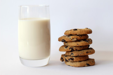 Chocolate chip cookies, Biscuit Cookies. A glass of milk with cookies, breakfast
