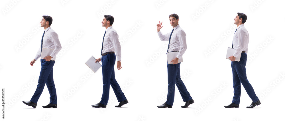 Poster Businessman walking standing side view isolated on white backgro