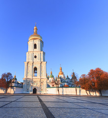 Saint Sophia Cathedral in Kiev autumn cityscape on sunrise