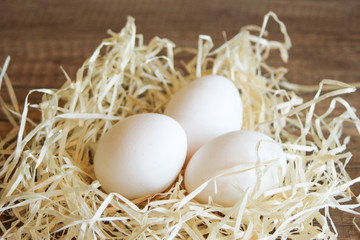 Chicken eggs in the nest, Eggs in the straw.