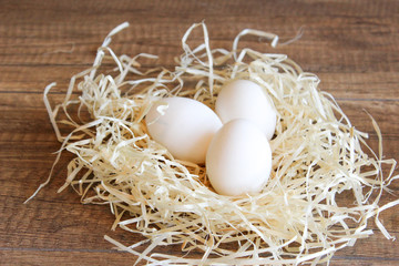 Chicken eggs in the nest, Eggs in the straw.
