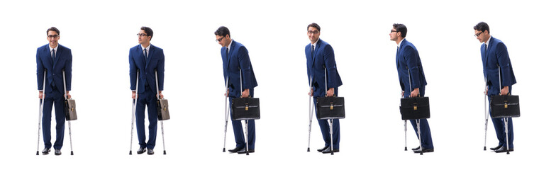 Businessman walking with crutches isolated on white background