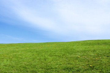 Obraz na płótnie Canvas Green grass field on hill with blue sky and clouds