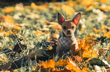 Chihuahua puppy playing in the park in autumn