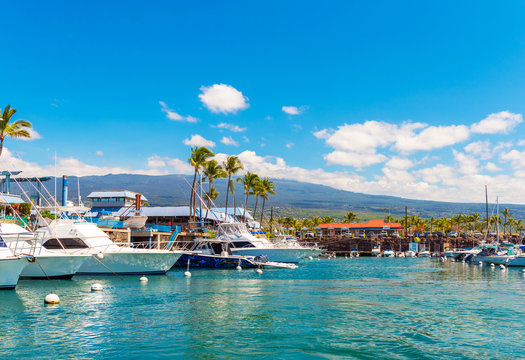 HAWAII, USA - FEBRUARY 18, 2018: View of yachts in the city port. Copy space for text.