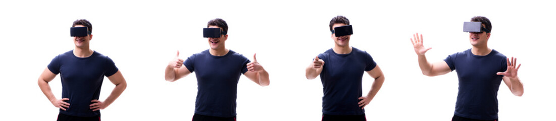 Fototapeta premium Young handsome man wearing virtual reality VR glasses isolated o