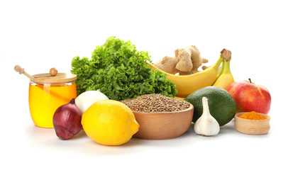 Natural products as home remedies for asthma on white background