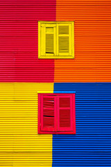 La Boca, view of the colorful facade of the building, Buenos Aires, Argentina. Vertical.