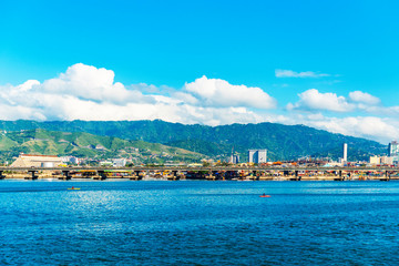 Fototapeta na wymiar View of the port in Cebu, Philippines. Copy space for text.