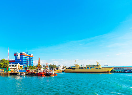 View of the ships in the port of Cebu, Philippines. Copy space for text.