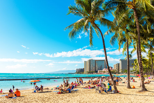 Fototapeta HONOLULU, HAWAII - FEBRUARY 16, 2018: View of the sandy Waikiki city beach. Copy space for text.