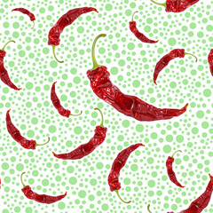 Seamless pattern with dry bright chili peppers and green dots on white background