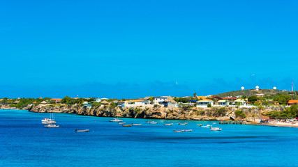 Fototapeta na wymiar View of the coastline in Playa Lagun, Curacao, Netherlands. Copy space for text.