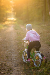 Dziewczynka na rowerze w jesiennym lesie - obrazy, fototapety, plakaty