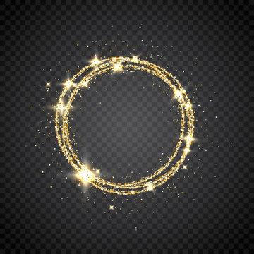 Glitter gold circle frame with space for text. Sparkling golden frame on transparent background. Bright glittering star dust. Festive Christmas border. Vector illustration