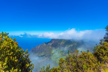 Fototapeta na wymiar View of the mountain landscape, Kauai, Hawaii, USA. Copy space for text.