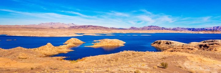Fototapeta na wymiar Lake Mead and desert area, Nevada, USA. Copy space for text.