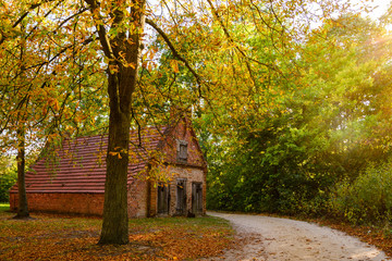 Fototapeta premium Tranquil scenery of small rough old brick house, park and street on rural area in autumn without people and sunset light.