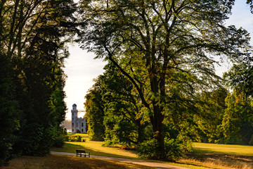 Tranquil landscape view of Castle on Peacock Island and scenery atmosphere during sunset of the park on Pfaueninsel island in Berlin, Germany.