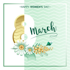 March 8. Happy women's day. Greeting card with mimosa and chamomile flowers on a green background. Vector illustration.