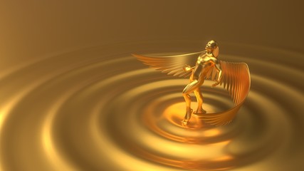 golden angelic character rising from liquid gold. 3d illustration