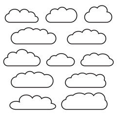 Cloud icon set, black outlined isolated on white background, vector illustration.